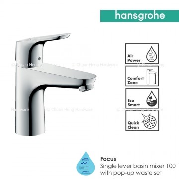 Hansgrohe Focus Single lever basin mixer 100 with pop-up waste set, 1/2" nut, 2 Ticks