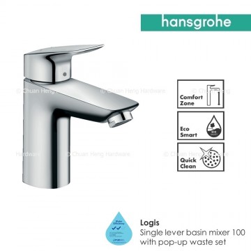 Hansgrohe Logis Single Lever Basin Mixer 100, 1/2" nut, 2 Ticks