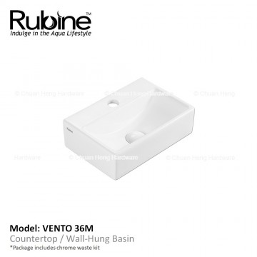 Rubine VENTO 36M Wall Hung Basin with Mixer Hole (Glossy White)