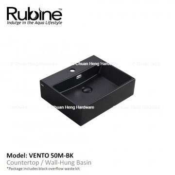 Rubine VENTO 50M Wall Hung Basin with Mixer Hole (Matt Black)
