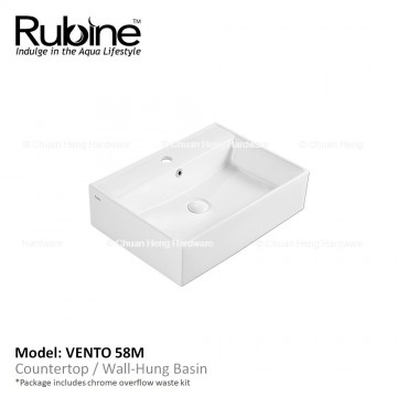 Rubine VENTO 58M Wall Hung Basin with Mixer Hole (Glossy White)