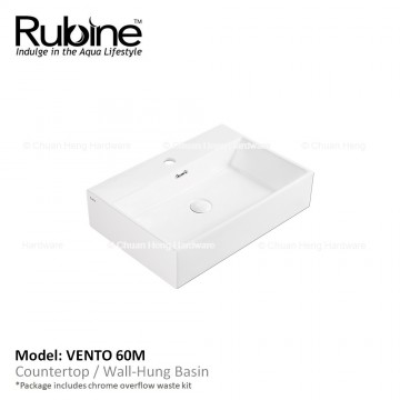 Rubine VENTO 60M Wall Hung Basin with Mixer Hole (Glossy White)