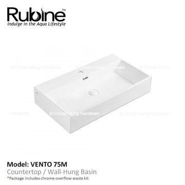 Rubine VENTO 75M Wall Hung Basin with Mixer Hole (Glossy White)