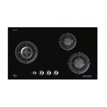 Turbo T883 GV-BK 3 Burner Glass Hob c/w safety valve (Black)